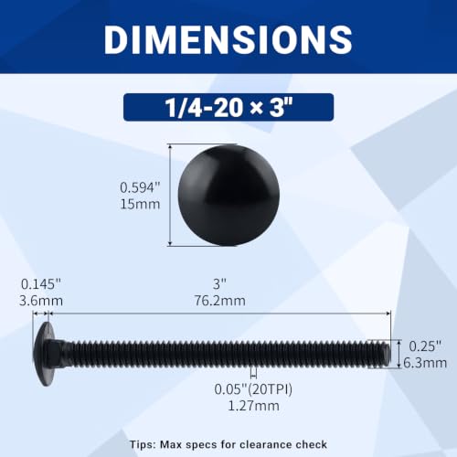 Image of 1 /4-20 x 3 Black Carriage Bolts with Nuts and Washers Kits (10 Sets), 304 Stainless Steel 18 /8, Black Finish, Round Head, Square Neck, Heavy Duty Bolts, Indoor Outdoor Fastening Bolts, Fayeploo