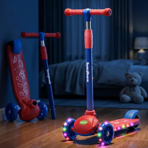 Image of Baybee Rydon Kids Scooter with 3 Height Adjustments | Portable Kick Scooter with PU LED Lights & Rear Brake | 3 Wheel Skating Scooter | Runner Scooter for Kids 2 to 10 Years Boys Girls (RED)