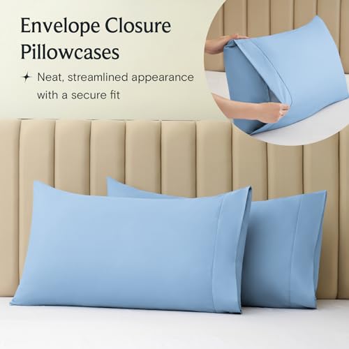 Image of LuxClub 4 PC Queen Sheet Set, Breathable Luxury Bed Sheets, Deep Pockets 18 inch Wrinkle Free Cooling Sheets Machine Washable Hotel Bedding Silky Soft - Sky Queen
