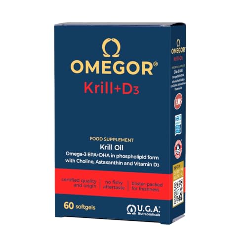 Aceite de Krill Omega 3 IFOS Certificado   OMEGOR Krill Oil Omega3 EPA y DHA con Vitamina D3, Fosfolípidos, Colina y Astaxantina de Alta Biodisponibilidad   sin Sabor a Pescado (60 Cápsulas)