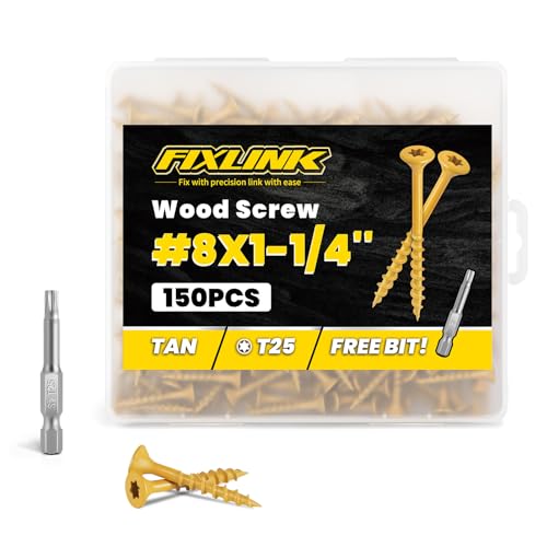 Image of Wood Screws 1-1 /4 Inch, FIXLINK Deck Screws #8 x 1-1 /4 inch, 150 PCS, Epoxy Coated, T25 Star Bit Above 1500 Hour Salt Spray Coating Outdoor Decking Screws Excellent Rust Resistant for Wood Fence, Tan