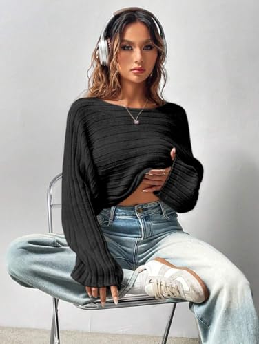 Image of SKAYS Womens Off The Shoulder Cropped Sweater Fall Ribbed Knit Batwing Sleeve Boat Neck Pullover Sweaters for Women Lightweight Drop Shoulder Tops Black M