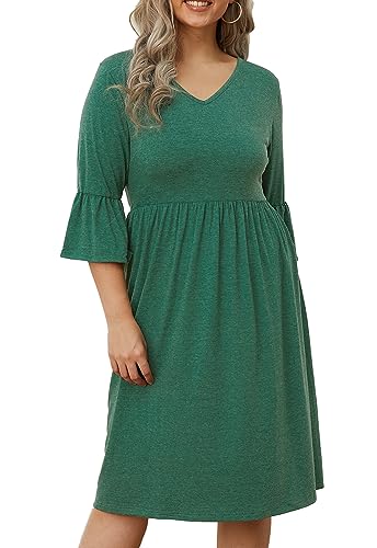 Image of Women's Plus Size 3 /4 Sleeve Casual Dress V Neck Spring Summer Tshirt Empire Waist Ruffle Midi Dresses