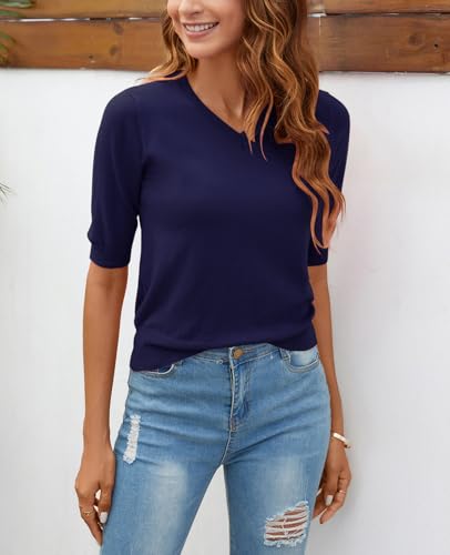 Image of Women Summer Knit Shirt Blouse V Neck Short Sleeve Pullover Sweater Tops
