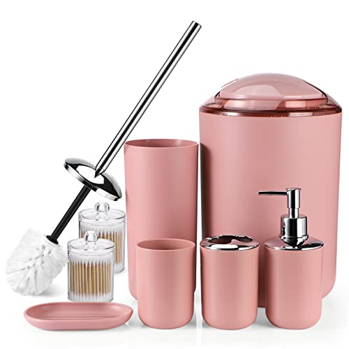 OTOSTAR Bathroom Accessories Set 8 Pieces Plastic Gift Set Bathroom Accessory Set with Trash Can Soap Dispenser Toothbrush Holder Toilet Brush Holder Qtip Holder Jars Soap Dish Tumbler Cup (Pink)
