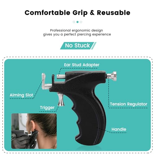 Zygc Professional Ear Piercing Kit with 17 Pairs of Silver CZ Stones Ear Studs Earrings with Multi-Purpose Black Ear Piercing Gun with 8 Cleaning Pads for Salon and Home Use