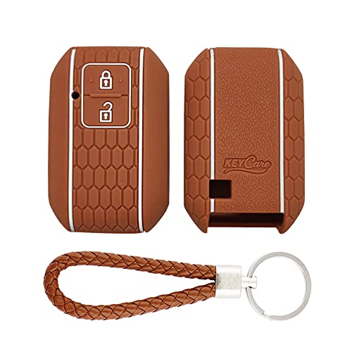 Image of Keycare Silicone Key Cover and Keychain Compatible for Glanza, Urban Cruiser Taisor, Rumion, Urban Cruiser Hyryder 2 Button Smart Key (KCMini Brown Keyring)