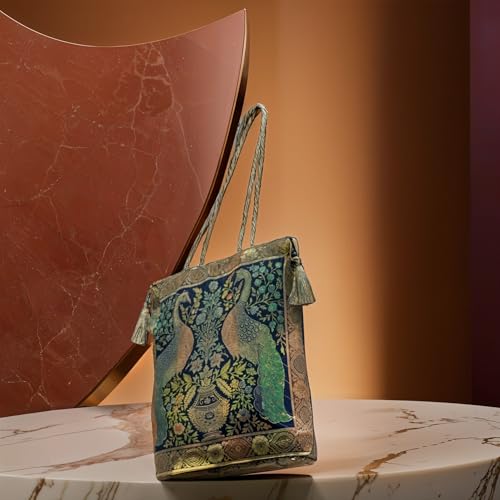 Image of Rhaa Double Peacock Banarasi Design Tote Bag, Indian Stylish, Medium Size for Women