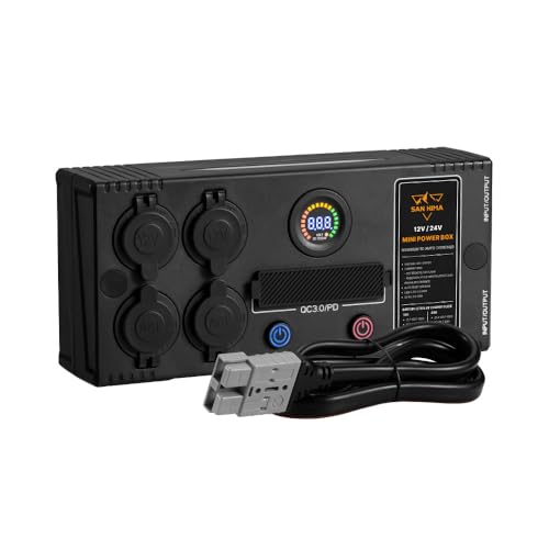 SAN HIMA 12V/24V Mini Power Distribution Box up to 12 Devices - 2 Anderson, 6 USB & 4 Cig Sockets, with LED Voltmeter, 3-Stage LED Light, Flexible Mounting Power Control Box, for Camping Outdoor