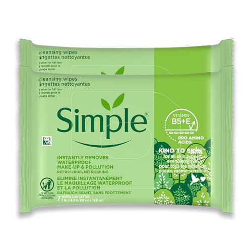 Simple Kind To Skin Cleansing Makeup Remover Wipes - Vegan Facial Cleanser Wipes with Vitamin B5 and E - Removes Waterproof Makeup - 2 pc