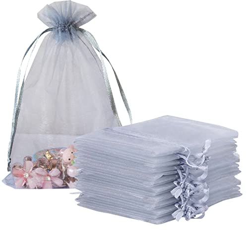 Hwceo Organza Gift Bags 50 Count Drawstring 4x6 inch Silver Grey for Baby Shower,Kids 1st Birthday,Party Favors,Wedding,Bridal Shower,Bulk Sheer Fabric Mesh Decoration Sachet for Jewelry,Candy,Cookie