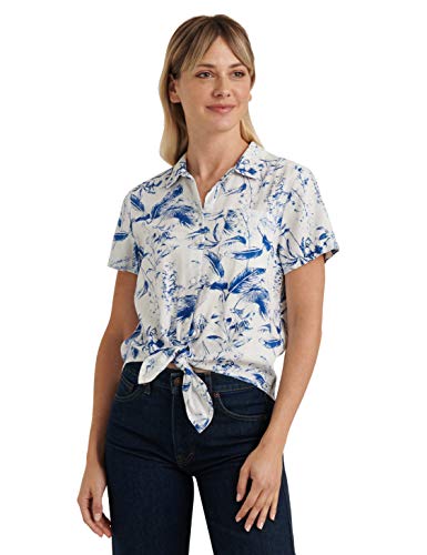 Lucky Brand Women's Short Sleeve Button Up One Pocket Tie Front Shirt, Blue Multi, L