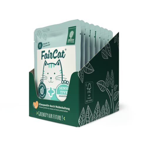 Green Petfood FairCat Sensitive (8 x 85 g). cibo per gatti senza cereali con buccia di semi di psillio e finocchio. cibo umido per gatti adulti e schizzinosi. cibo per gatti dal profumo gradevole