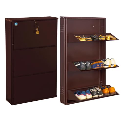 Image of DELITE KOM 24 Inch Wide, 3 Shelf Metal Shoe Rack Wall Mounted for Home with Central Lock | Holds Upto 9 Shoes or 15 Slippers Pair | 1 Year Warranty | (41 x 24 x 5 Inch, Coffee) | DIY | Space Saving