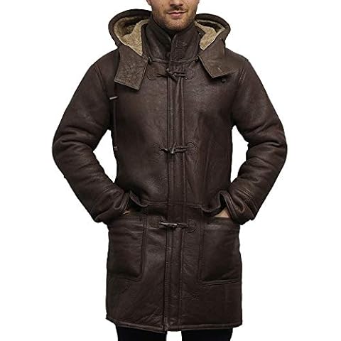 BRANDSLOCK Mens Real Shearling Sheepskin Leather Warm Duffle Trench Coat (Brown & Brown, XL) Cover