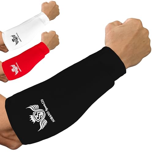 SORANO SPORTS Padded Elasticated Forearm Support Brace Slip-on Protector For Combat Training, Karate, MMA Training, Muay Thai, Boxing, Kickboxing, Martial Arts Training, Combat Sports (Black, S/M)