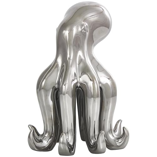 Image of Deco 79 Ceramic Octopus Decorative Sculpture Standing Home Decor Statue, Accent Figurine 6 inch x 6 inch x 8 inch, Silver