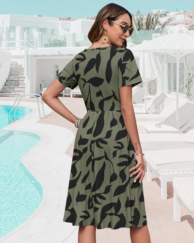 Image of WNEEDU Women V Neck Button Down Empire Waist Midi Summer Dress with Pockets