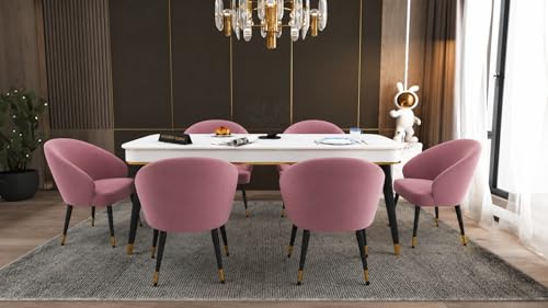 Image of WOODEN SPACE 6-Seater Wooden Dining Table Set | Nano Composite Marble Top | Solid Wood Base | Modern Dining Room Furniture with 6 Chairs (Modern Classic Pink)