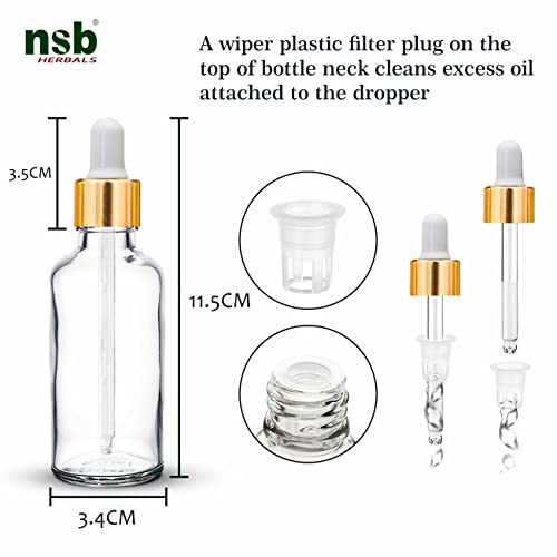 Image of nsb herbals 50 ML Clear /Transparent Round Empty Glass Bottle + Glass Dropper + Gold Ring + Silcon White Teat, Refillable, Leak Proof For Essential Oils, Perfumes (Pack of 24)