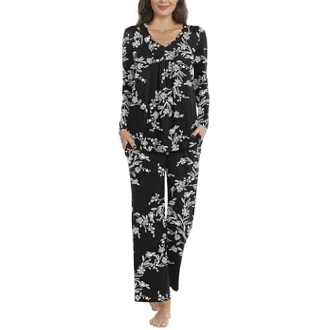Aodemo Women's Fall Pajama Sets, 2 Piece Lounge Sleep Set Ladies Pjs Set Long Sleeve Long Pant Outfits with Pockets L, Black Carving Flower Cover