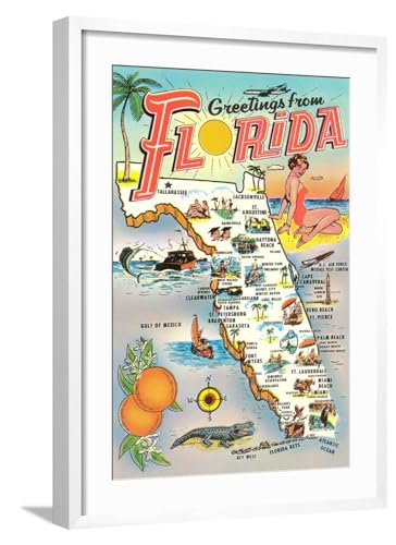 Art.com Wall Art Print Map of Florida on White Frame, 21" x 29"