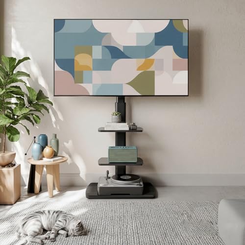 FITUEYES TV Floor Stand for Living Room Bedroom, Tall TV Stands with Sturdy Wood Base for 32 39 40 43 49 50 55 60 65 70 Inch TVs, Corner Stand with Height Adjustable Shelves, Swivel Black - Thumbnail 4