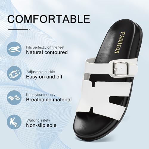 Womens Platform Sandals, H sandals for Women Leather White Black Open Toe Sandals with Adjustable Buckle Summer Comfortable Beach Chunky Slip on Slides3