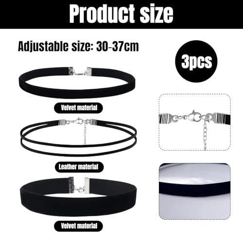 3 Stück Choker Kette Damen, Schwarzes Samt-Halsband, Choker Schwarz Halsband Damen, Verstellbare Kropfband, Schwarze Halsbände für Kragen Frauen und Mädchen, Tanz Halloween Geburtstag Party Cosplay