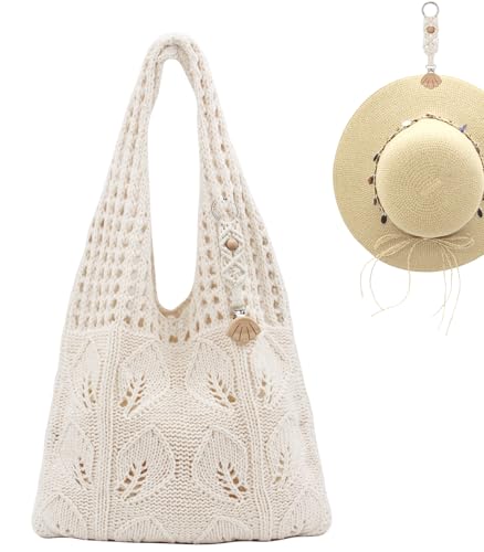 RUNROLE Bolsa de crochê com clipe de chapéu de macramê para viagens femininas bolsa de praia de verão bolsa de malha estética lindas bolsas de ombro, Folhas, Medium, Sacola