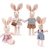 HAPGFS Handmade Rabbit Family Dolls Set of 4 with Removable Outfits & Bag, Realistic Dollhouse People Figures for Imaginative Play, Kids Room Decoration, Easter Bunny