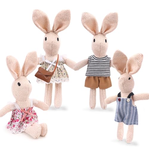 HAPGFS Handmade Rabbit Family Dolls Set of 4 with Removable Outfits & Bag Realistic Dollhouse People Figures for Imaginative Play Kids Room Decoration Easter Bunny