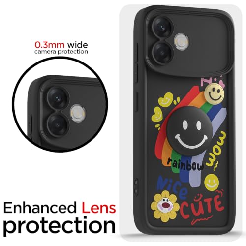 Image of Pikkme Back Cover for Oppo F33 Pro 5G | Soft Silicone| Cute Rainbow Smile & 3D Cartoon Flower Design | Shockproof Raised Camera Protection Bumper Case (Black)