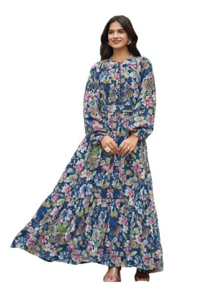 Blue Cotton Fabric no Transparency Front Button Open Pattern Floral Print Gown Bishop Sleeves with Elastic Cuffs with Belt Front Open Buttons Feeding Friendly Gown-image-45