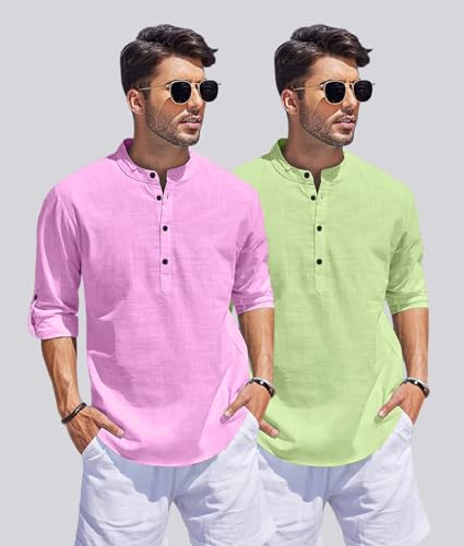 Image of Men's Cotton Blend Straight Kurta Shirt Combo with Mandarin Collar - Slim Fit Casual Short Kurti Set Featuring Textured Slub Fabric and Roll-Up Full Sleeves
