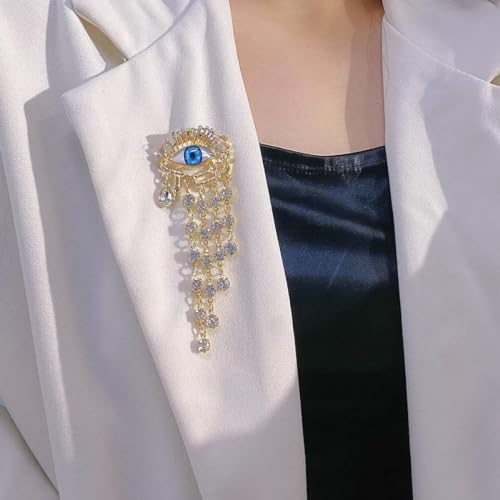 Image of Evil Eye Tassel Lapel Brooch Pin Golden Plated Crystal Lucky Blue Eyes Rhinestone Waterdrop Brooches Pins for Women Girls Dainty Jewelry Gifts for Dress Suit Hat Backpack Clothing Accessories