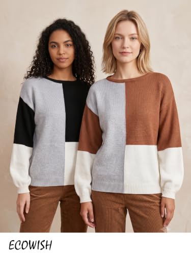 Image of ECOWISH Women Sweater Long Sleeve Color Block Knit Pullover Sweaters Crew Neck Patchwork Casual Loose Jumper Tops