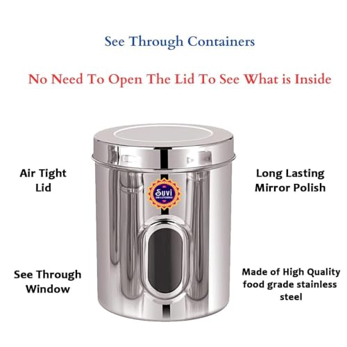 Image of Suvi 2kg Set of 6pcs Stainless Steel Kitchen Containers with See Through Window | Food Storage Dabba | Steel Containers Set | Silver Mirror Finish | Food Grains Capacity - 2kg Approx (2500ml-6pcs)