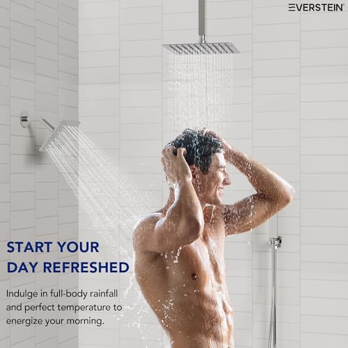 Image of Ceiling Mount 12 inch High-Pressure Rainfall Shower Faucet, Dual Rainfall Shower Head System with Valve (Polished Chrome)