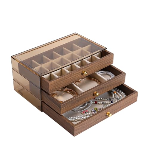 3 Layer Wooden Drawers Jewelry Box Vintage Style Jewelry Organizer with Acrylic Cover, Jewelry Storage Display Box for Ring Earrings Necklace Bracelet Box for Women and Girls(Walnut Color) (A)