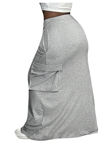 MakeMeChic Women's Y2k Plus Size Elastic High Waist Skirt Bodycon Maxi Skirts with Pocket