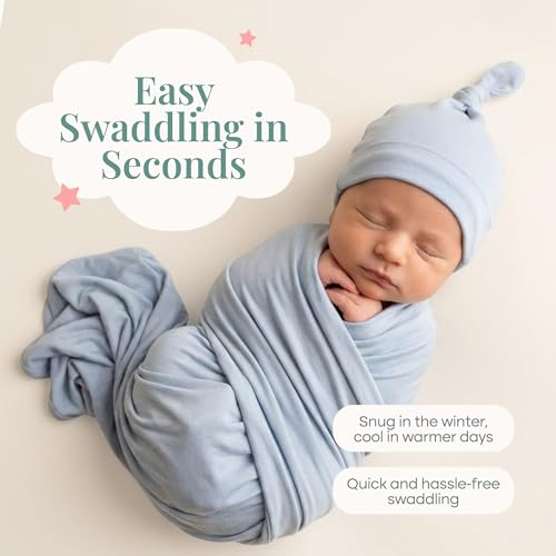 Image of Caden Lane Baby Swaddle & Receiving Blanket, Soft, Breathable & Temperature-Regulating Bamboo Viscose Fabric for Swaddling Newborns, Gender Neutral Infant Blanket for Boys & Girls, Mist Blue