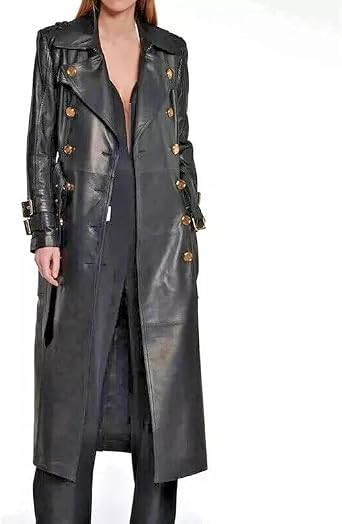 Womens German Genuine Golden Button Down Belted Real Leather Trench Coat Long