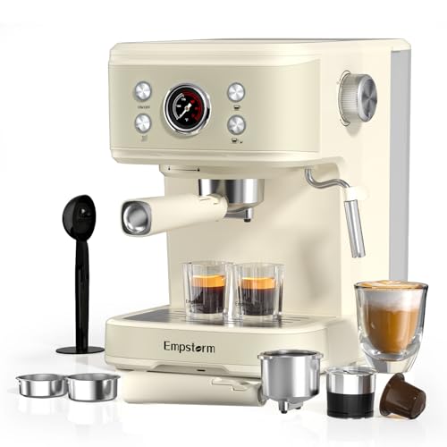 Empstorm 20 Bar Espresso Siebträgermaschine Kaffeemaschine mit 1250 Watt, Professionellem Milchaufschaumdüse, Espressomaschine für Cappuccino, Latte & Macchiato, 1,5L Wassertank, Weiß
