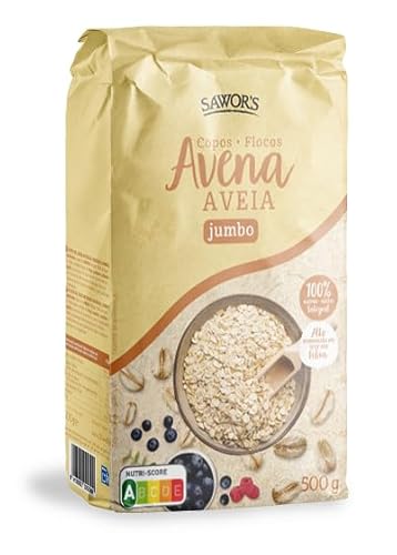 Sawor's - Copos de Avena Integrales Jumbo, Copos de Avena Gruesos, Alto Contenido en Fibra, 100% Integrales, Aptos para Veganos, Alto Contenido en Fibra y Prote&iacute;nas - 500 g