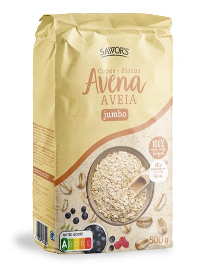 Sawor's - Copos de Avena Integrales Jumbo, Copos de Avena Gruesos, Alto Contenido en Fibra, 100% Integrales, Aptos para Veganos, Alto Contenido en Fibra y Proteínas - 500 g