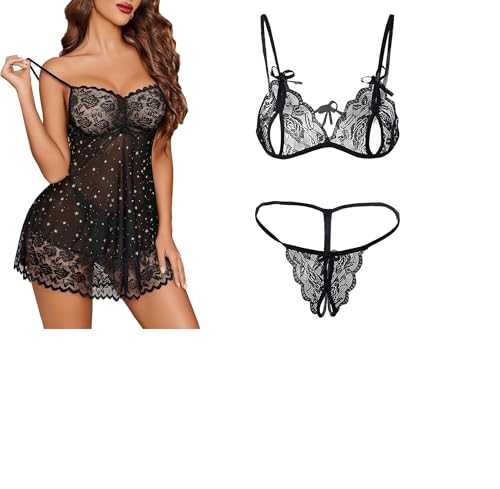 Image of SSoShHub Lace Babydoll Lingerie Sexy Mini Chemise Mesh Wedding Nightie Bridal Nightdress with Bikini