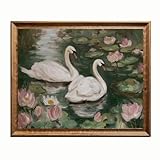 Swan Wall Art Print – Pink and Green Cottagecore Romantic Decor – Vintage Nature Painting with Swans on a Lake and Flowers – Peaceful Girly Office or Bedroom Artwork – Unframed (11X14INCH)