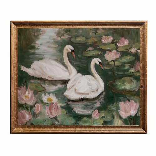Swan Wall Art Print – Pink and Green Cottagecore Romantic Decor – Vintage Nature Painting with Swans on a Lake and Flowers – Peaceful Girly Office or Bedroom Artwork – Unframed (11X14INCH)