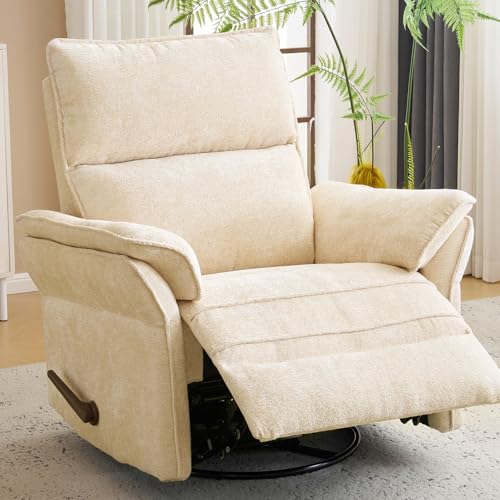 Image of Swivel Rocker Recliner with Adjustable Headrest,Upholstered Glider Rocker Recliner with Overstuffed Armrest,Manual Recliner Nursery Chair for Living Room,Beige